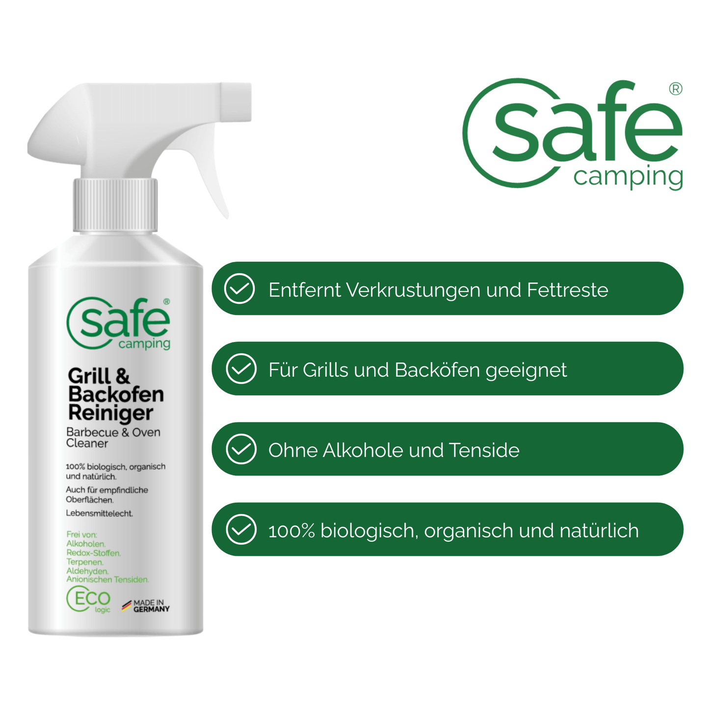 SAFE CAMPING Grill- & Backofen-Reiniger für biologische Reinigung von Grill und Backofen, 100% biologisch, organisch, natürlich.