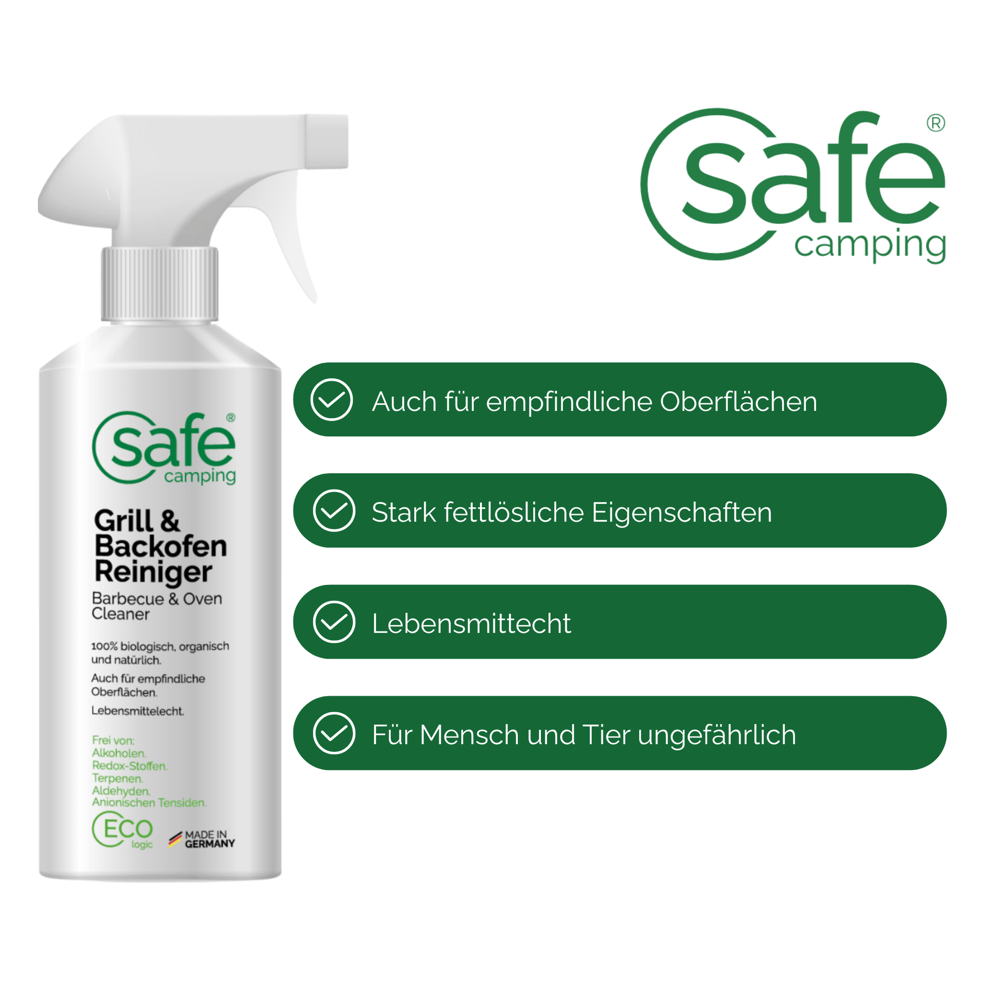 SAFE CAMPING Grillreiniger biologisch Camping in Sprühflasche für gründliche Reinigung von Grills und Backöfen.