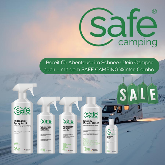 SAFE CAMPING Winter-Combo products for winter camper protection against frost and snow with SALE banner.