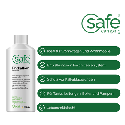 SAFE CAMPING Entkalker für Wohnmobile – biologisch, lebensmittelecht, schützt vor Kalkablagerungen im Frischwassersystem.