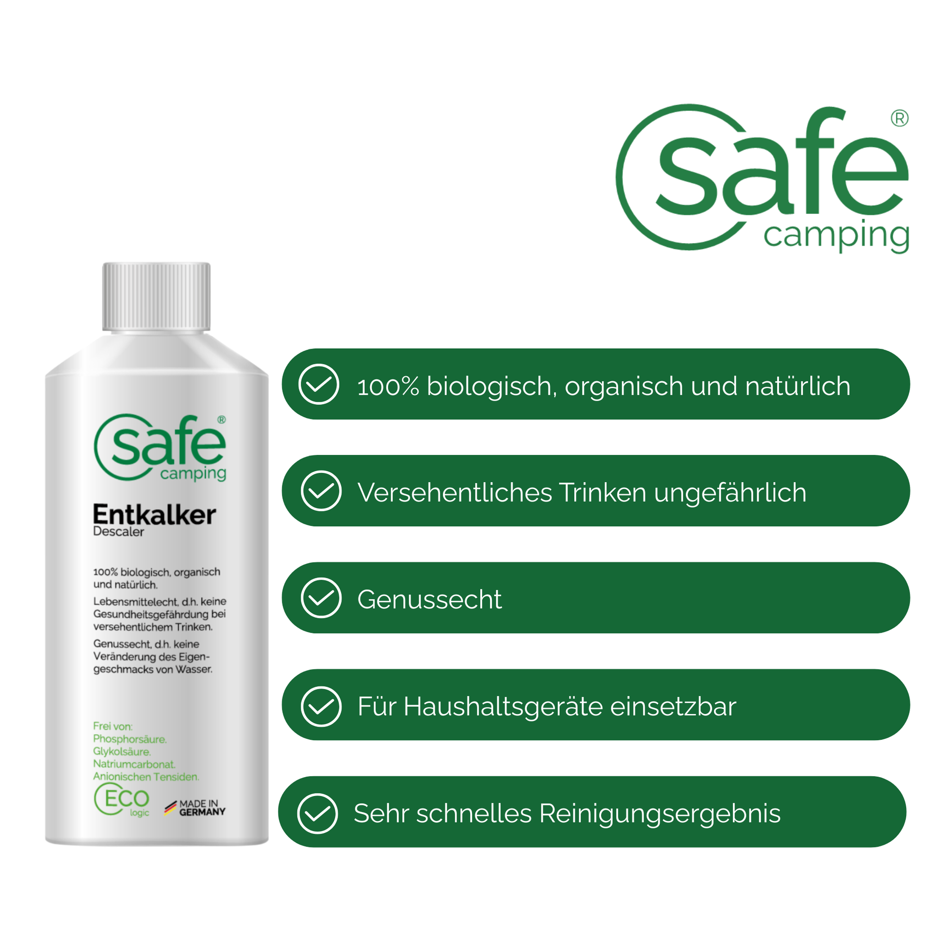 SAFE CAMPING Entkalker für Wohnmobile, 100% biologisch, organisch und natürlich für sicheres Trinken.