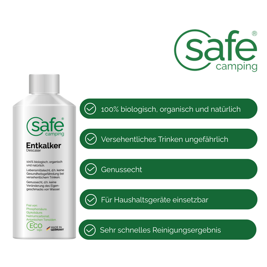 SAFE CAMPING Entkalker für Wohnmobile, 100% biologisch, organisch und natürlich für sicheres Trinken.