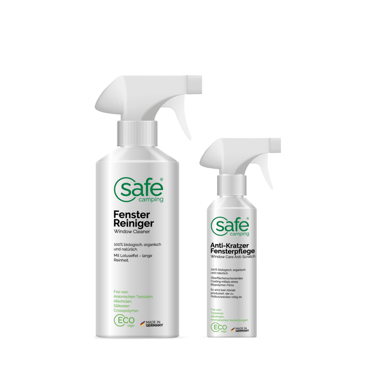 Fenster-Combo “Klare Sicht” - SAFE CAMPING Fenster-Reiniger und Anti-Kratzer Fensterpflege Flaschen.