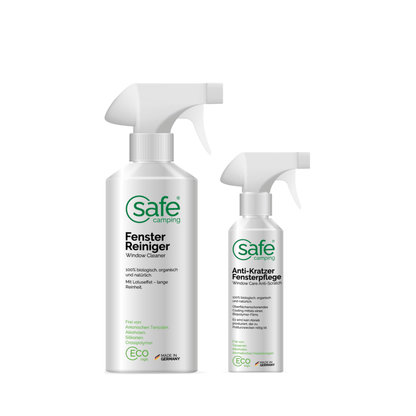 Fenster-Combo “Klare Sicht” - SAFE CAMPING Fenster-Reiniger und Anti-Kratzer Fensterpflege Flaschen.