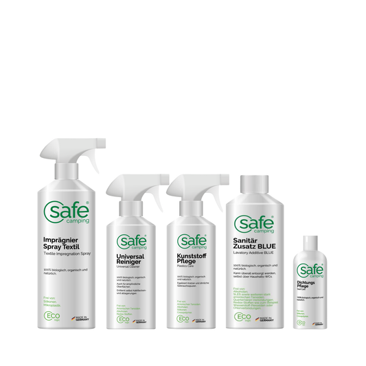 SAFE CAMPING Winter-Combo Pflegeprodukte für Camper, einschließlich Imprägnierspray, Reiniger, und Pflegeformeln.