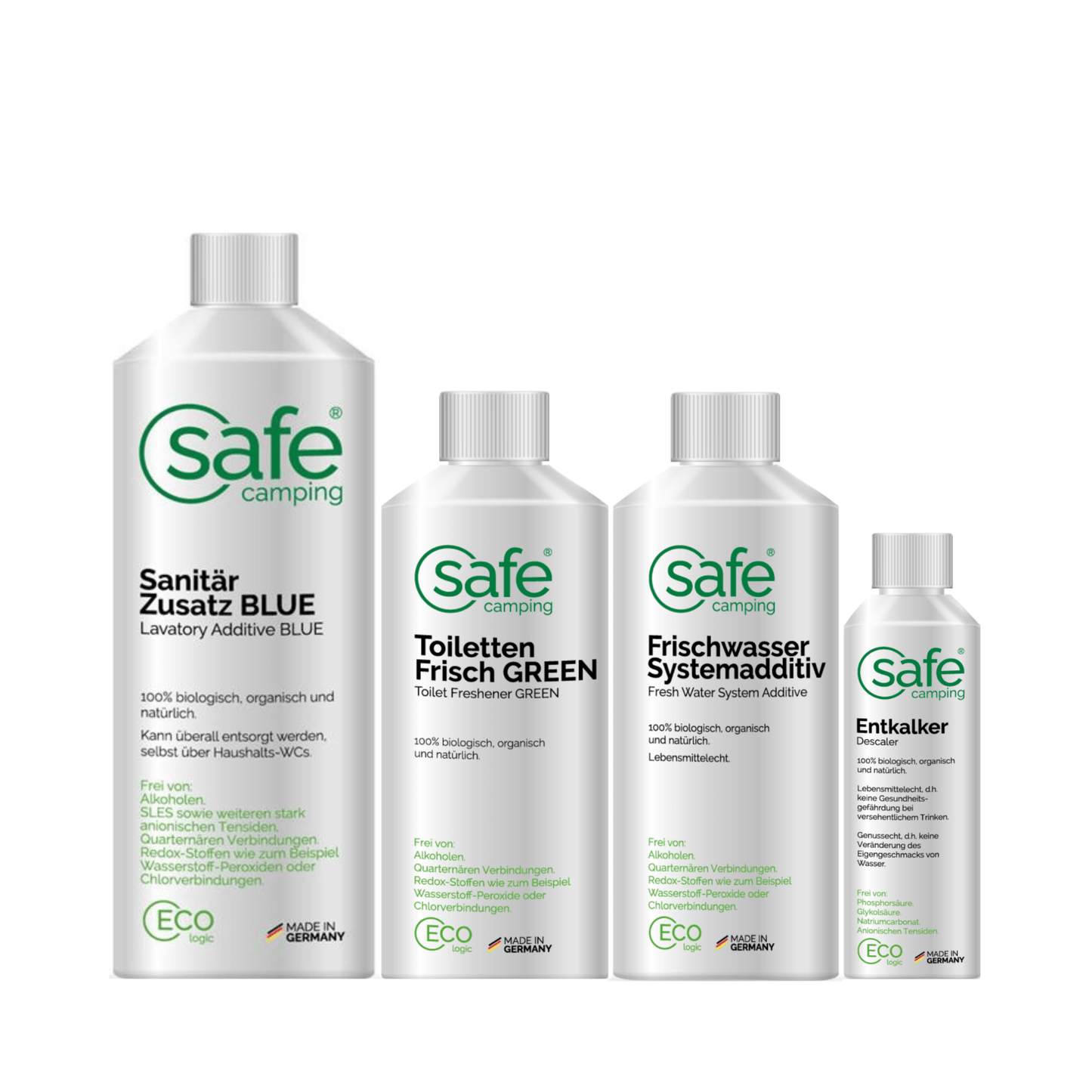 Additiv-Combo “Safe Water” products for fresh water tanks and toilet cleaning in camping.