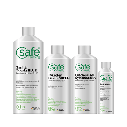 Additiv-Combo “Safe Water” products for fresh water tanks and toilet cleaning in camping.