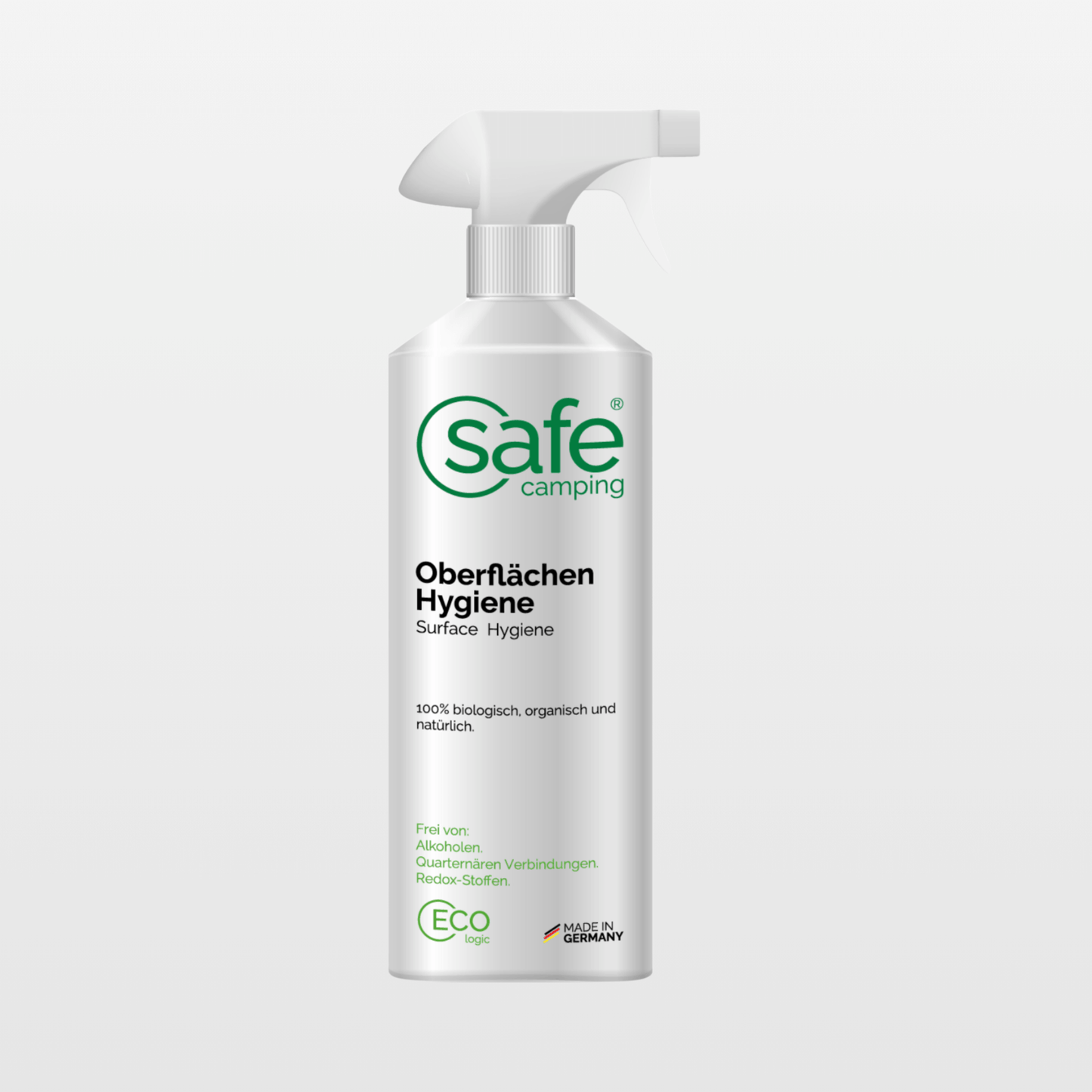 Oberflächenreiniger Wohnmobil Hygiene Sprayflasche von Safe Camping mit grünem Design und frischem Duft.