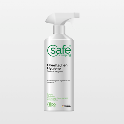 Oberflächenreiniger Wohnmobil Hygiene Sprayflasche von Safe Camping mit grünem Design und frischem Duft.