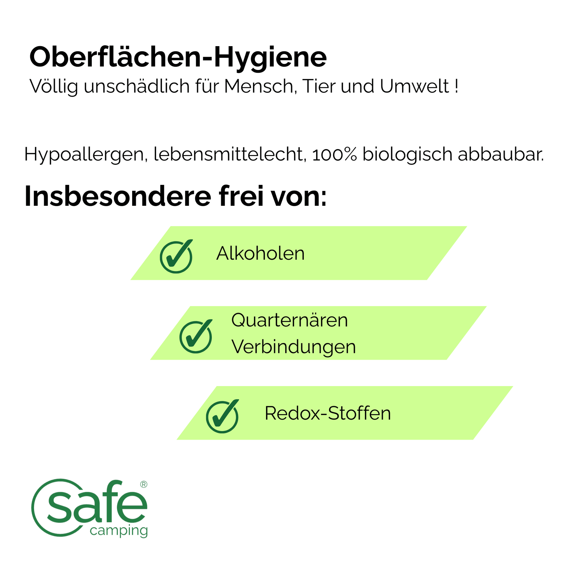 Oberflächenreiniger Wohnmobil Hygiene, sicher für Mensch, Tier, Umwelt, frei von Alkoholen, quartären Verbindungen, Redox-Stoffen.