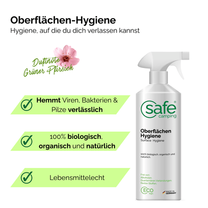 Oberflächenreiniger Wohnmobil Hygiene in einer Flasche mit frischem Duft von grünem Pfirsich und Angaben zur Biologischen Zusammensetzung.