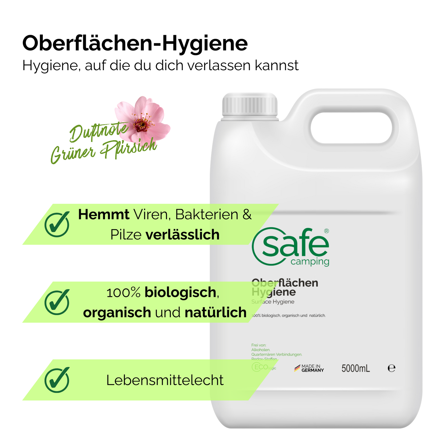 Oberflächenreiniger Wohnmobil Hygiene, 5000ml Flasche, hemmt Viren, Bakterien und Pilze, mit frischem Duft nach grünem Pfirsich.