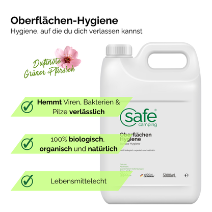 Oberflächenreiniger Wohnmobil Hygiene, 5000ml Flasche, hemmt Viren, Bakterien und Pilze, mit frischem Duft nach grünem Pfirsich.
