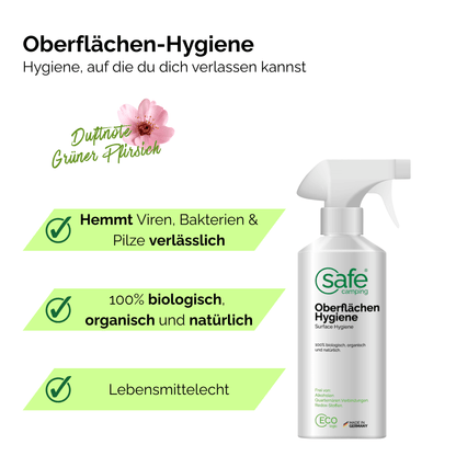 Oberflächenreiniger Wohnmobil Hygiene in Sprayflasche für zuverlässige Oberflächen-Hygiene mit frischem Duft nach grünem Pfirsich.