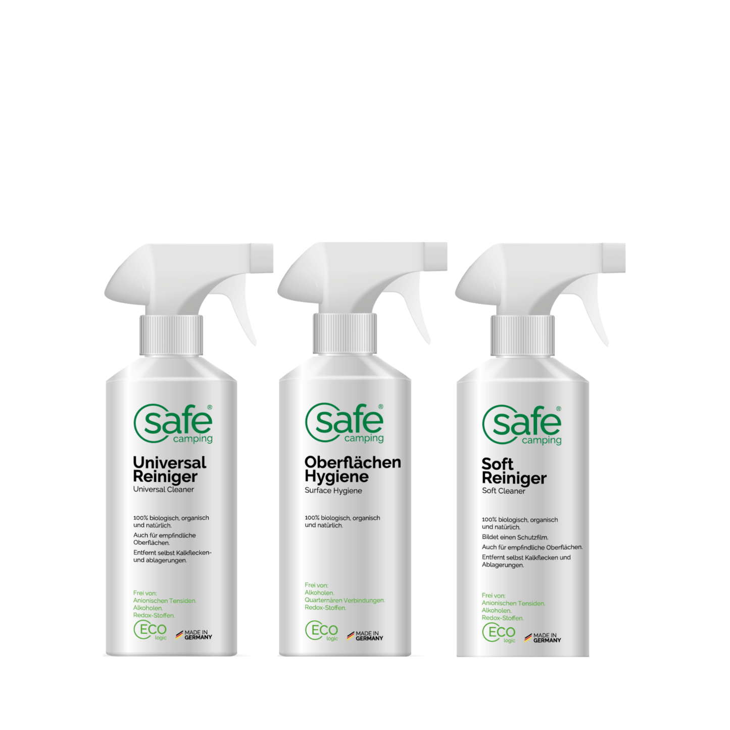 Reinigungs-Combo “Allround”: SAFE CAMPING Universalreiniger, Oberflächen Hygiene und Soft Reiniger für Camper.