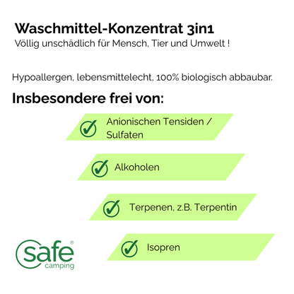 Waschmittel-Konzentrat 3in1 für Wohnmobil und Wohnwagen, hypoallergen, geeignet für alle Arten von Textilien.
