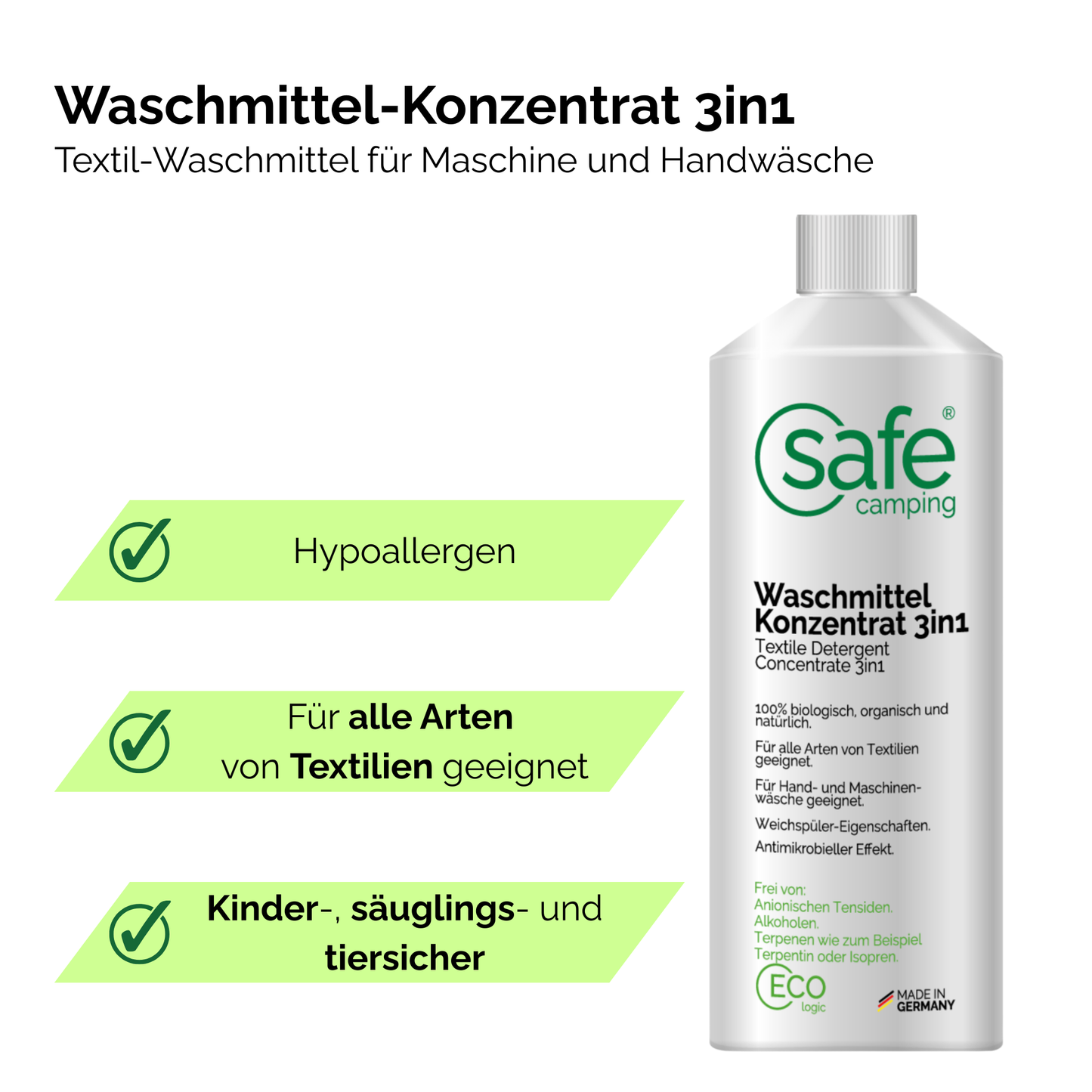 Waschmittel-Konzentrat 3in1 für Wohnmobil und Wohnwagen, hypoallergen, geeignet für alle Arten von Textilien.