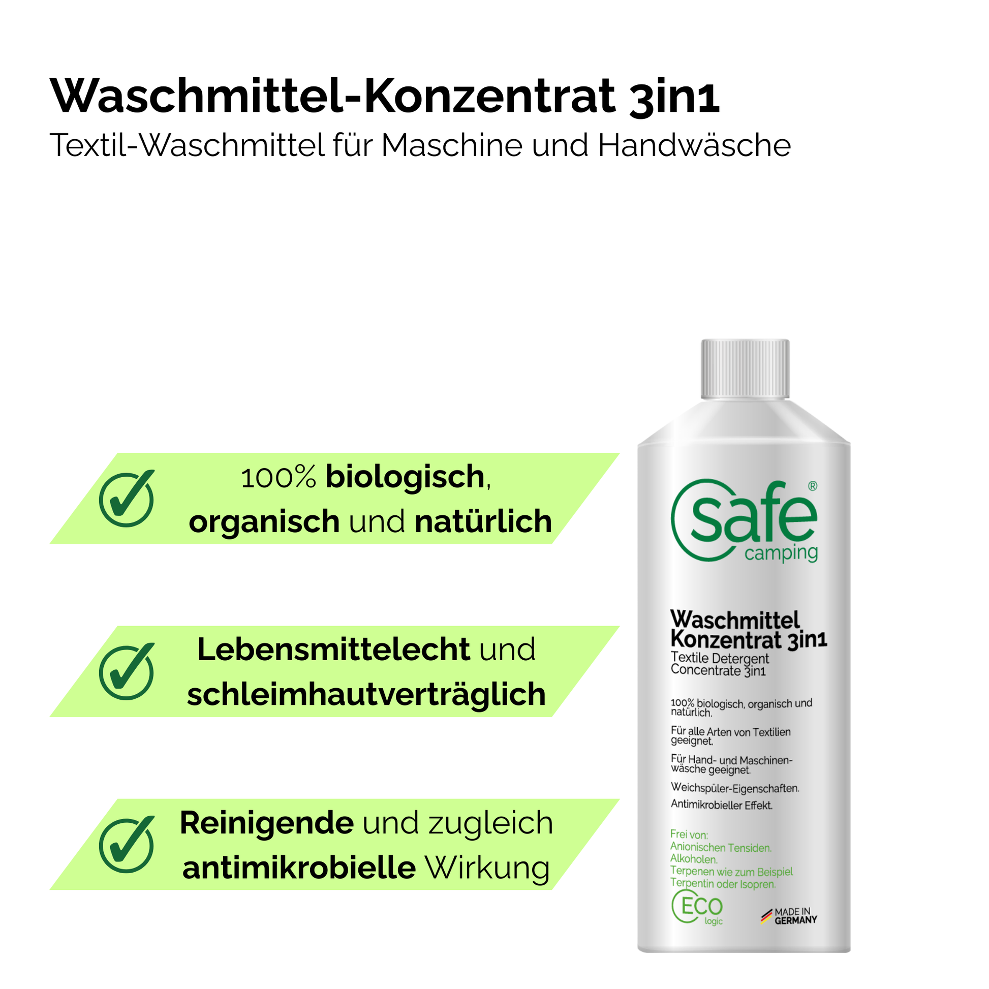 Waschmittel-Konzentrat 3in1 für Wohnmobil und Wohnwagen, hypoallergen, geeignet für alle Arten von Textilien.