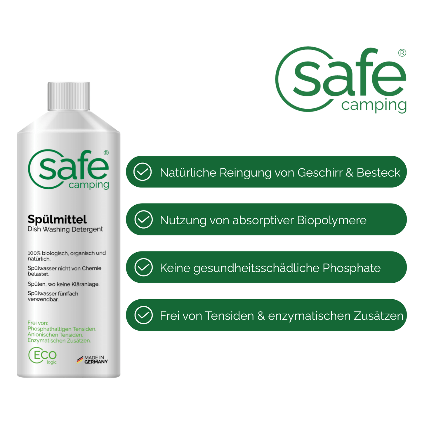 SAFE CAMPING Spülmittel: biologisch und umweltfreundlich, reinigt Geschirr ohne schädliche Zusätze, für sicheres Camping.
