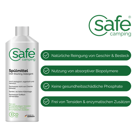 SAFE CAMPING Spülmittel: biologisch und umweltfreundlich, reinigt Geschirr ohne schädliche Zusätze, für sicheres Camping.