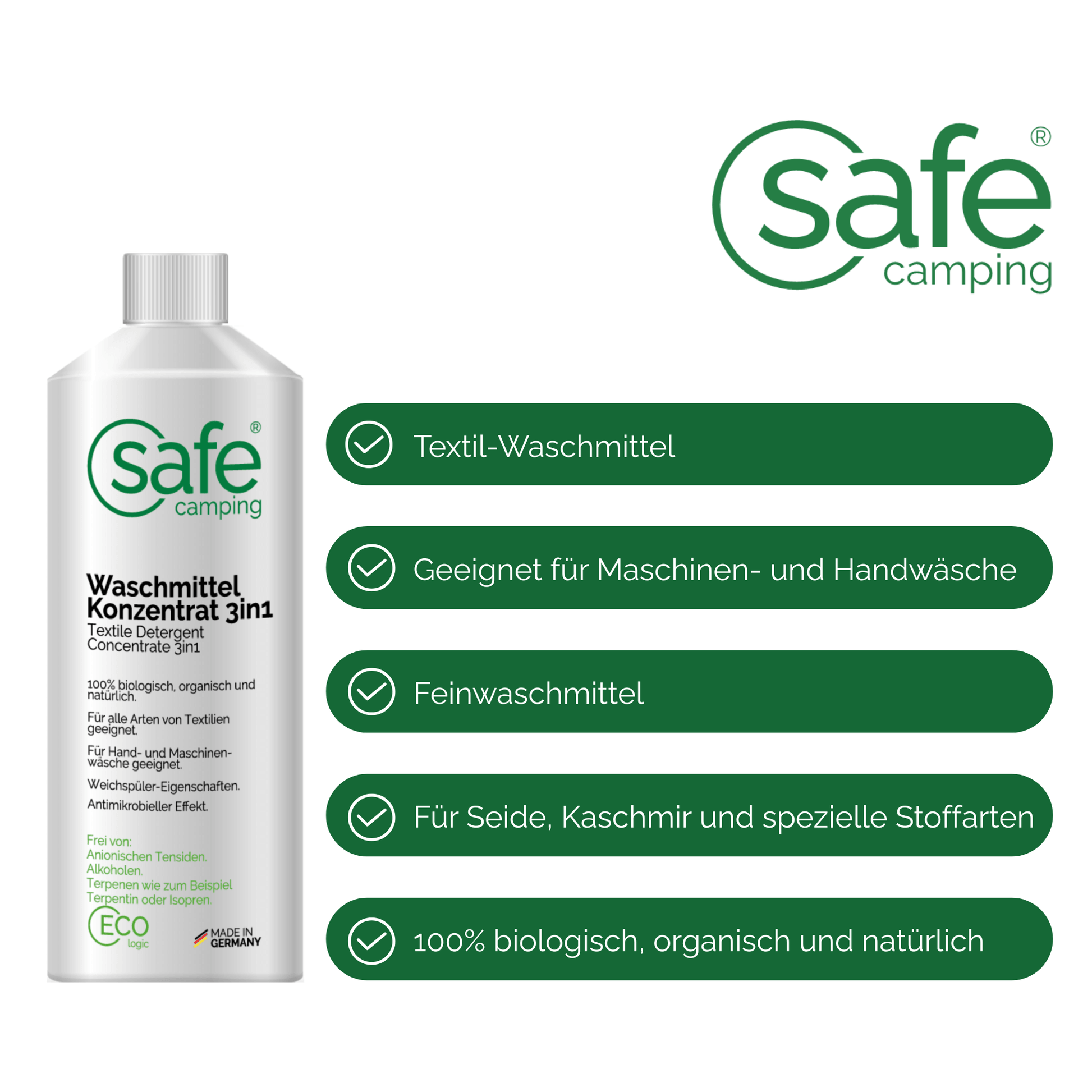 100% biologisch, organisch und natürlich. Reinigende und zugleich antimikrobielle Wirkung. Hypoallergen. Lebensmittelecht und schleimhautverträglich. Kinder-, säuglings- und tiersicher. Für alle Arten von Textilien geeignet.